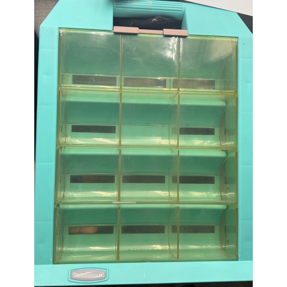 Vintage Rubbermaid Teal 12 Bin Tilt Out Storage Organizer Wall Mount Craft Case